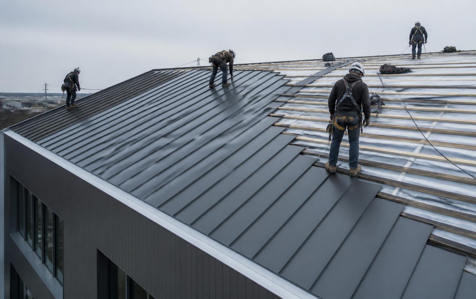 Metal roofing crew installing standing seam panels on a commercial building