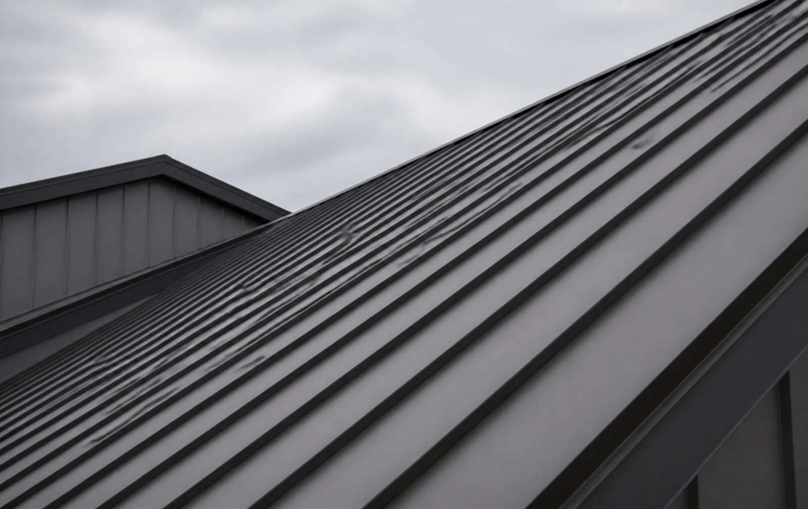 Metal roofing crew installing standing seam panels on a commercial building